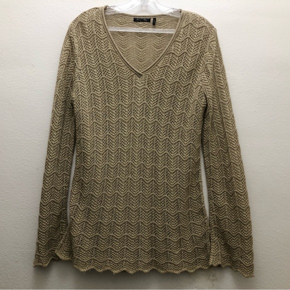 Daisy Fuentes W Size L Tan Long Sleeve Chevron Scalloped Stripe Print Sweater - Picture 2 of 7